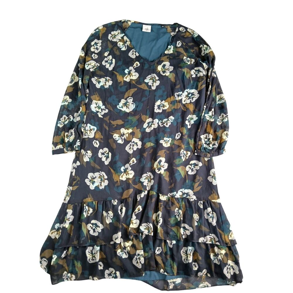 CAbi Dress Womens Medium Black Knee Length Long Sleeve Floral V Neck Tiered NWOT